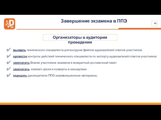 Завершение экзамена в ППЭ Организаторы в аудитории проведения вызвать технического