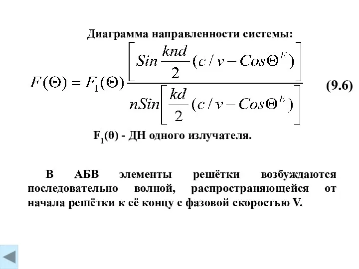 (9.6) Диаграмма направленности системы: F1(θ) - ДН одного излучателя. В АБВ элементы решётки