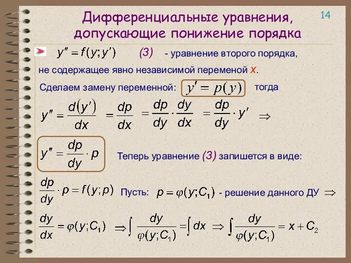 Дифференциальные уравнения, допускающие понижение порядка не содержащее явно независимой переменой