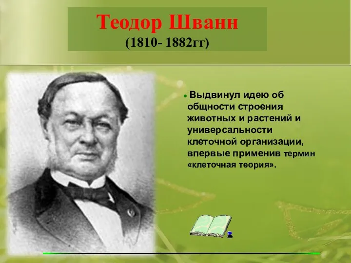 Теодор Шванн (1810- 1882гг) Выдвинул идею об общности строения животных и растений и