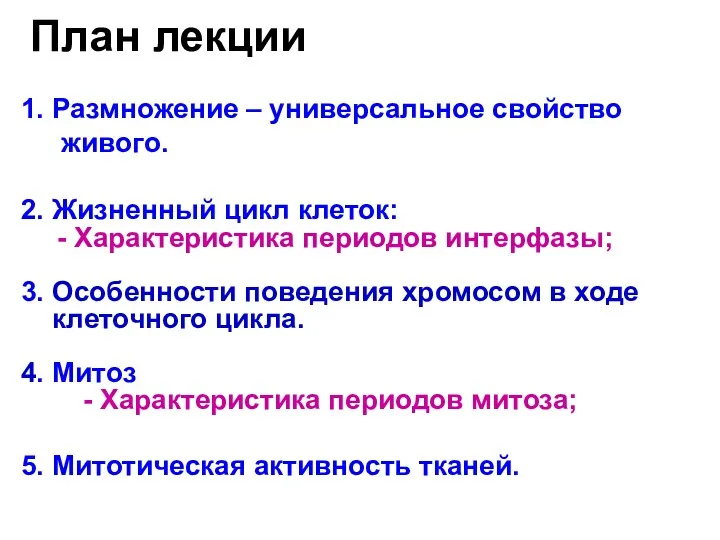 1. Размножение – универсальное свойство живого. 2. Жизненный цикл клеток: