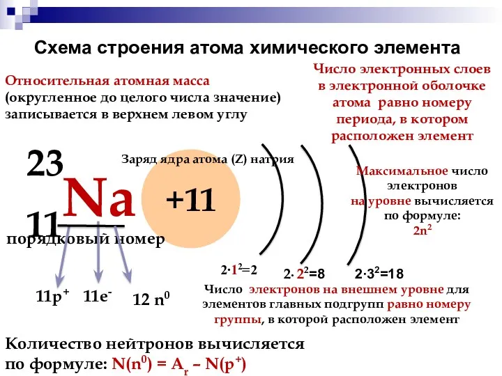 Схема строения атома химического элемента 11Na 23 +11 Число электронных