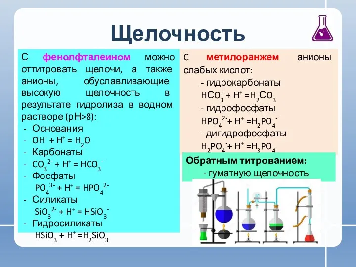 Щелочность С фенолфталеином можно оттитровать щелочи, а также анионы, обуславливающие