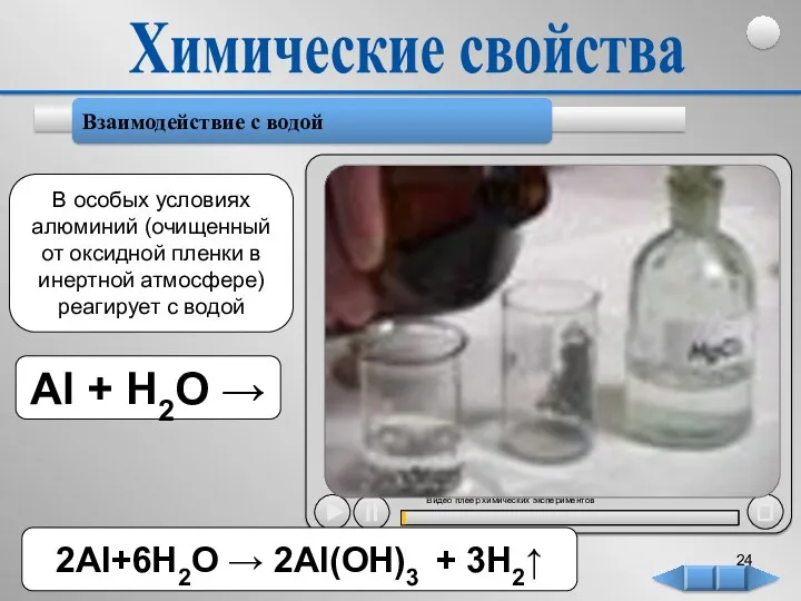 Взаимодействие с водой Химические свойства В особых условиях алюминий (очищенный от оксидной пленки