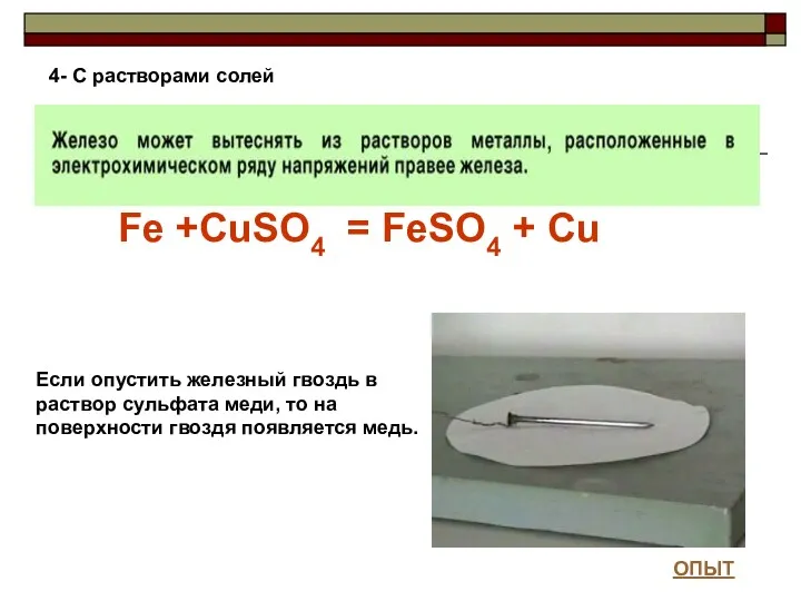 4- С растворами солей ОПЫТ Если опустить железный гвоздь в