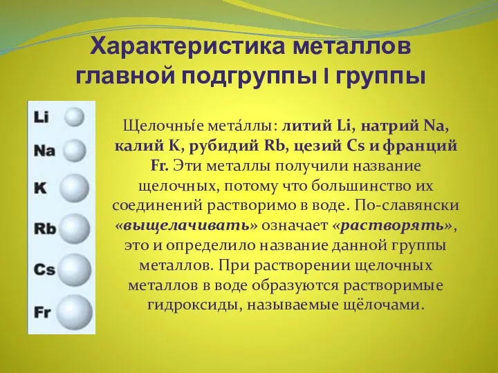 Характеристика металлов главной подгруппы I группы Щелочны́е мета́ллы: литий Li,