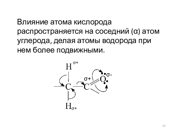 Влияние атома кислорода распространяется на соседний (α) атом углерода, делая атомы водорода при нем более подвижными.