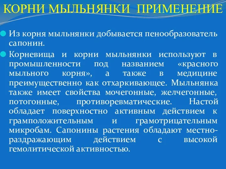 Из корня мыльнянки добывается пенообразователь сапонин. Корневища и корни мыльнянки