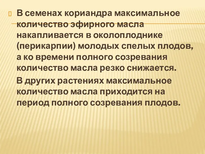 В семенах кориандра максимальное количество эфирного масла накапливается в околоплоднике (перикарпии) молодых спелых