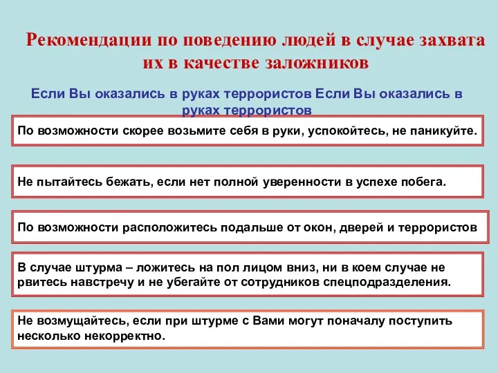 Рекомендации по поведению людей в случае захвата их в качестве