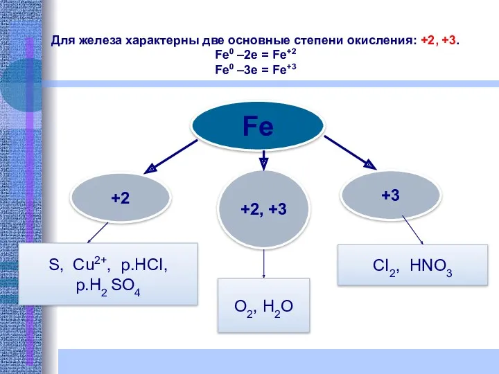 Fe +3 +2 +2, +3 O2, H2O CI2, HNO3 S,