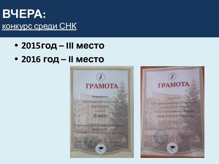 ВЧЕРА: конкурс среди СНК 2015год – III место 2016 год – II место