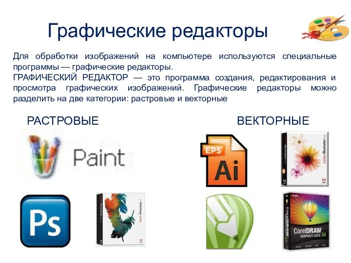 Графические редакторы Для обработки изображений на компьютере используются специальные программы — графические редакторы.