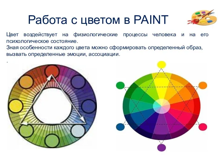 Работа с цветом в PAINT Цвет воздействует на физиологические процессы человека и на