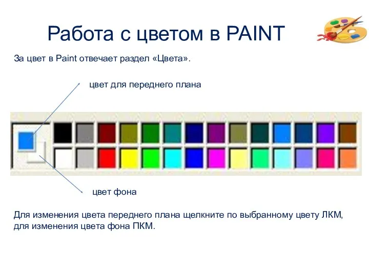 Работа с цветом в PAINT За цвет в Paint отвечает раздел «Цвета». цвет