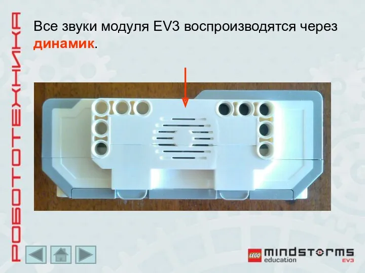 Все звуки модуля EV3 воспроизводятся через динамик.