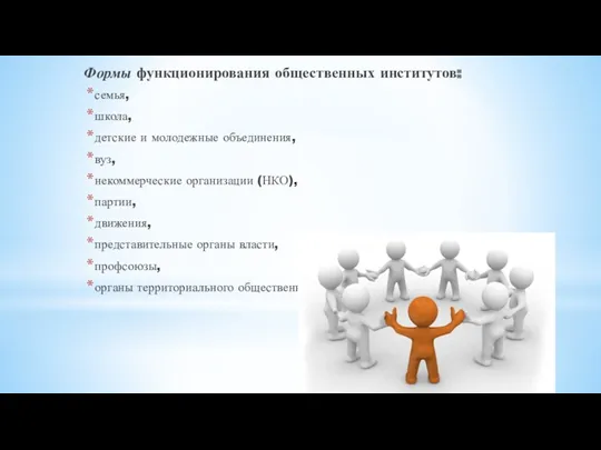 Формы функционирования общественных институтов: семья, школа, детские и молодежные объединения,