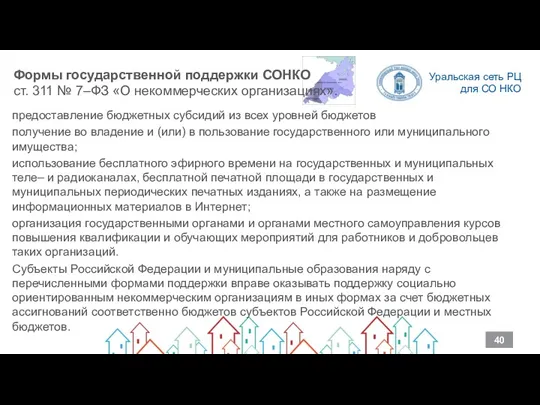 Формы государственной поддержки СОНКО ст. 311 № 7–ФЗ «О некоммерческих организациях». предоставление бюджетных