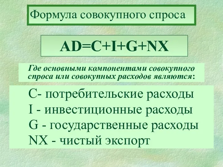 С- потребительские расходы I - инвестиционные расходы G - государственные