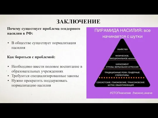 ЗАКЛЮЧЕНИЕ Почему существует проблема гендерного насилия в РФ: В обществе