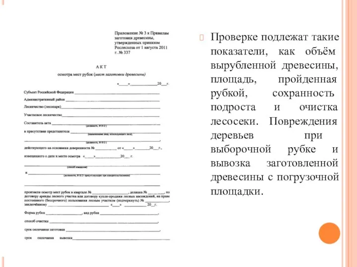 Проверке подлежат такие показатели, как объём вырубленной древесины, площадь, пройденная