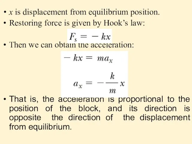 x is displacement from equilibrium position. Restoring force is given