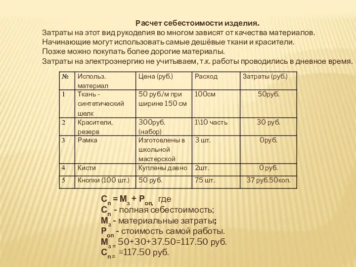 Расчет себестоимости изделия. Затраты на этот вид рукоделия во многом