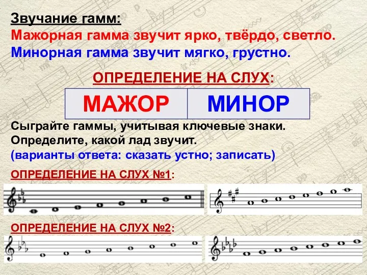 Звучание гамм: Мажорная гамма звучит ярко, твёрдо, светло. Минорная гамма