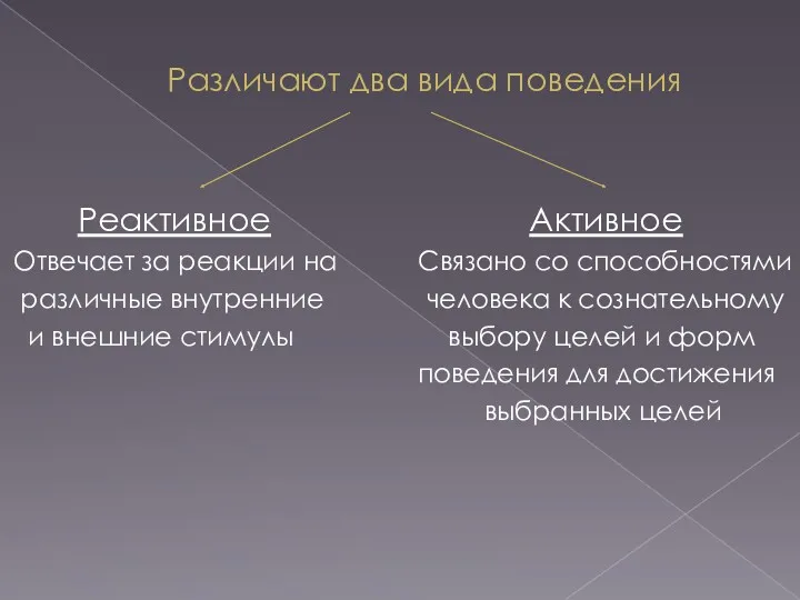 Различают два вида поведения Реактивное Активное Отвечает за реакции на