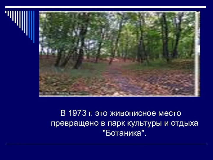 В 1973 г. это живописное место превращено в парк культуры и отдыха "Ботаника".