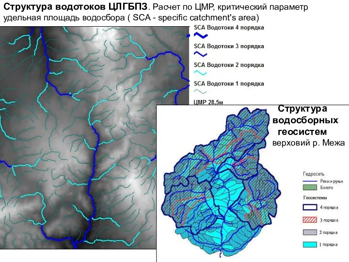 Структура водотоков ЦЛГБПЗ. Расчет по ЦМР, критический параметр удельная площадь