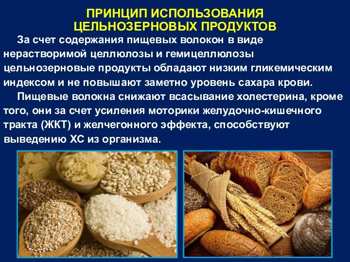 ПРИНЦИП ИСПОЛЬЗОВАНИЯ ЦЕЛЬНОЗЕРНОВЫХ ПРОДУКТОВ За счет содержания пищевых волокон в