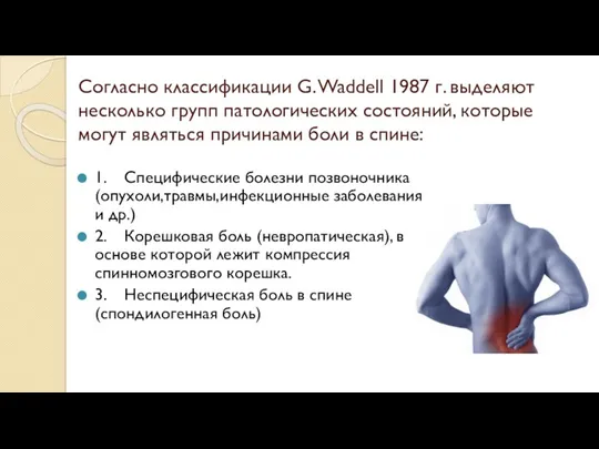 Согласно классификации G. Waddell 1987 г. выделяют несколько групп патологических