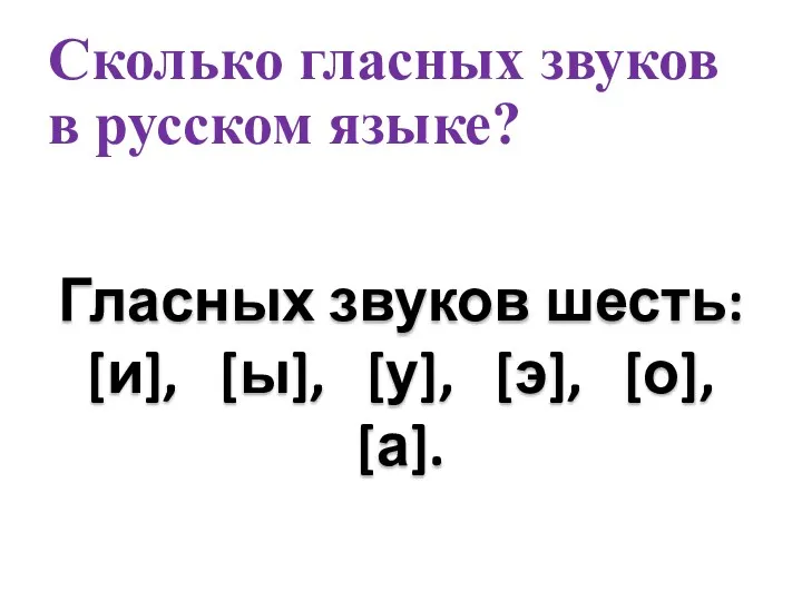 Сколько гласных звуков в русском языке? Гласных звуков шесть: [и], [ы], [у], [э], [о], [а].