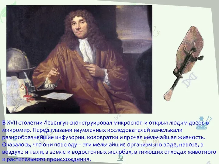 В XVII столетии Левенгук сконструировал микроскоп и открыл людям дверь в микромир. Перед