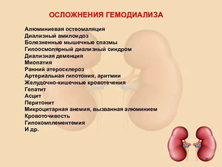 Алюминиевая остеомаляция Диализный амилоидоз Болезненные мышечные спазмы Гипоосмолярный диализный синдром