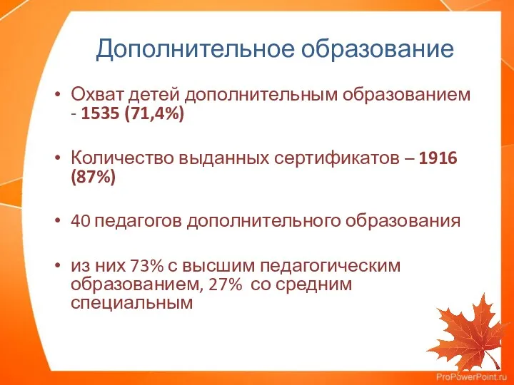 Дополнительное образование Охват детей дополнительным образованием - 1535 (71,4%) Количество