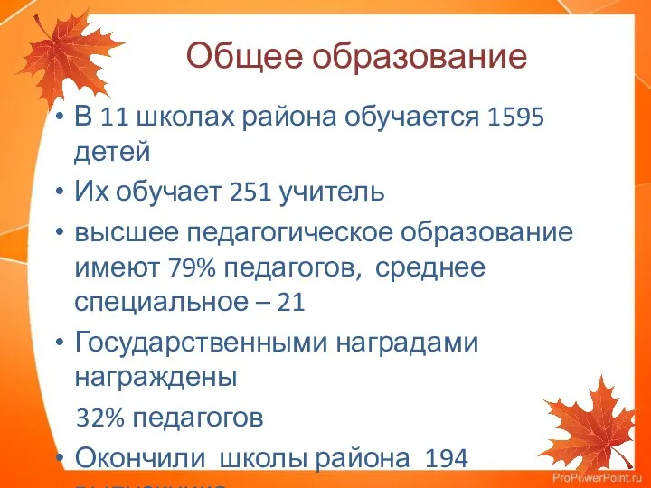 В 11 школах района обучается 1595 детей Их обучает 251