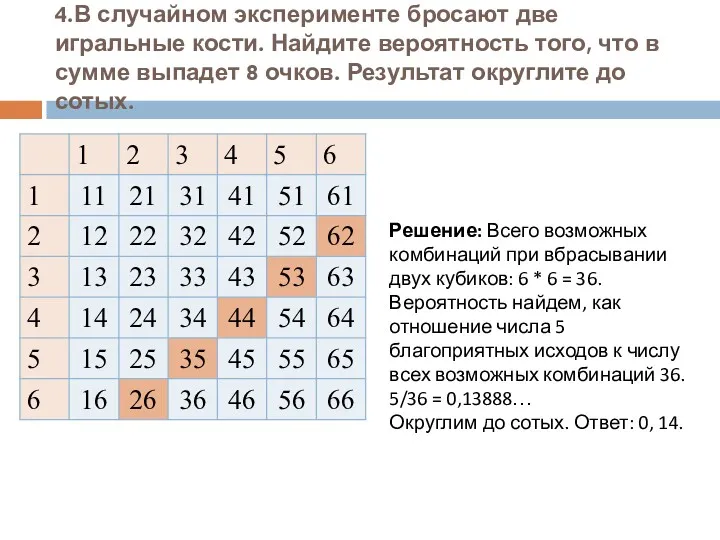 4.В случайном эксперименте бросают две игральные кости. Найдите вероятность того,