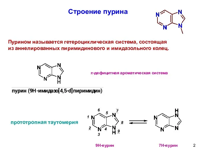 Строение пурина прототропная таутомерия π-дефицитная ароматическая система Пурином называется гетероциклическая