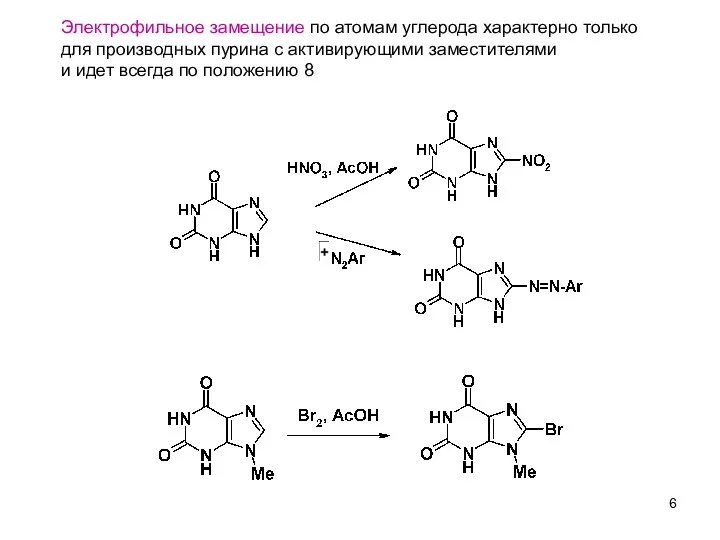 Электрофильное замещение по атомам углерода характерно только для производных пурина