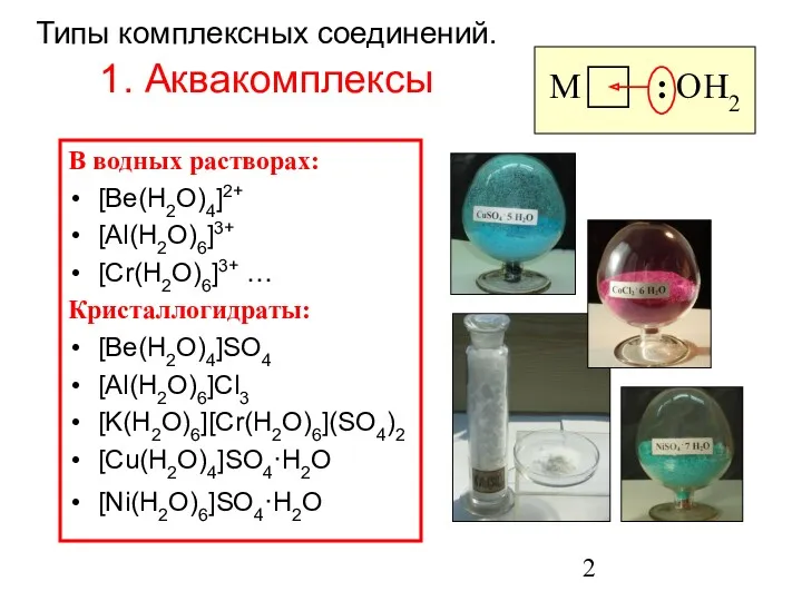 Типы комплексных соединений. 1. Аквакомплексы В водных растворах: [Be(H2O)4]2+ [Al(H2O)6]3+