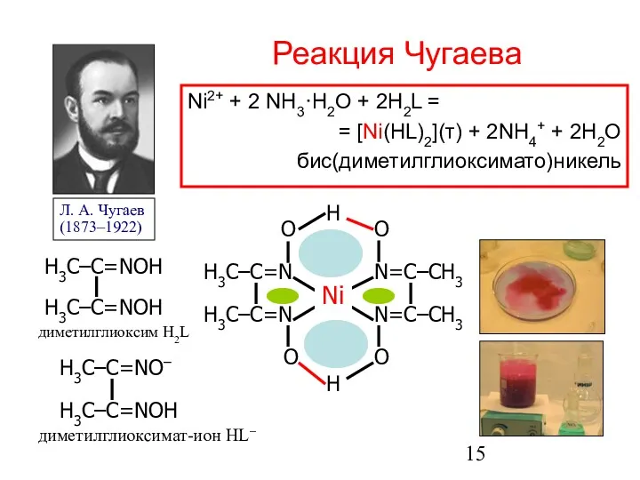 Реакция Чугаева Ni2+ + 2 NH3·H2O + 2H2L = = [Ni(HL)2](т) + 2NH4+ + 2H2O бис(диметилглиоксимато)никель