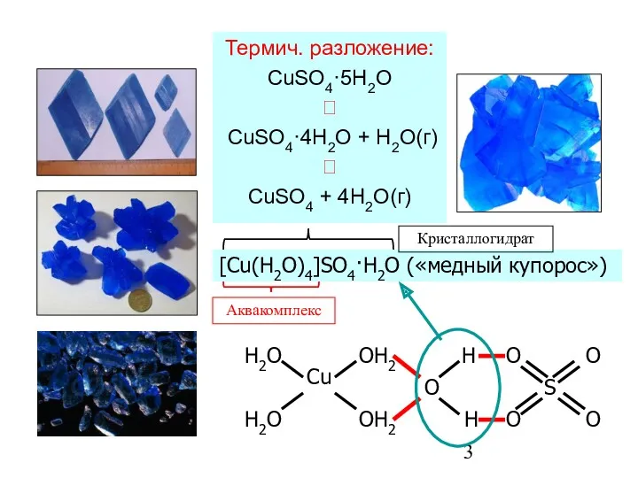 Термич. разложение: CuSO4·5H2O ⭣ CuSO4·4H2O + H2O(г) ⭣ CuSO4 + 4H2O(г) [Cu(H2O)4]SO4·H2O («медный купорос»)