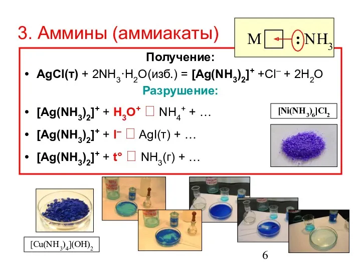 3. Аммины (аммиакаты) Получение: AgCl(т) + 2NH3·H2O(изб.) = [Ag(NH3)2]+ +Cl–