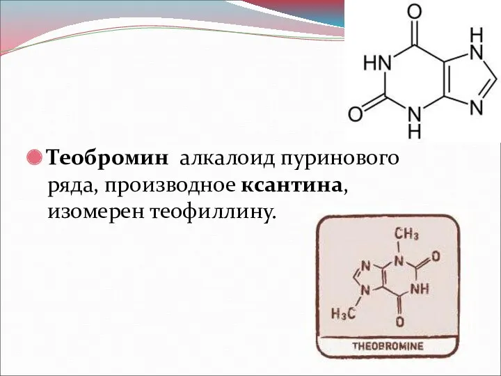 Теобромин алкалоид пуринового ряда, производное ксантина, изомерен теофиллину.
