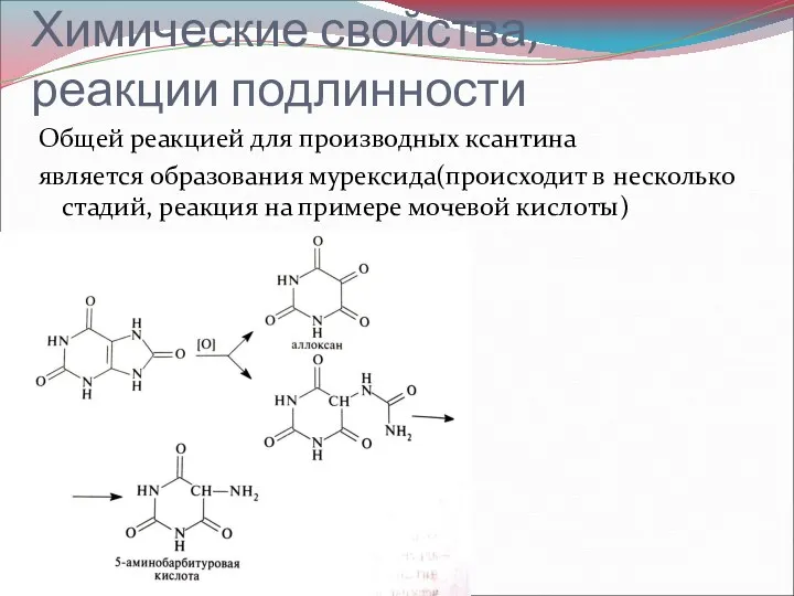 Химические свойства, реакции подлинности Общей реакцией для производных ксантина является