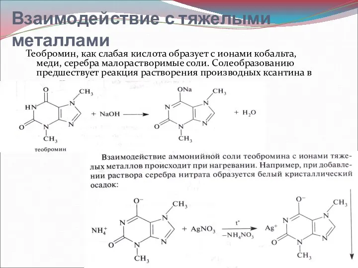 Взаимодействие с тяжелыми металлами Теобромин, как слабая кислота образует с