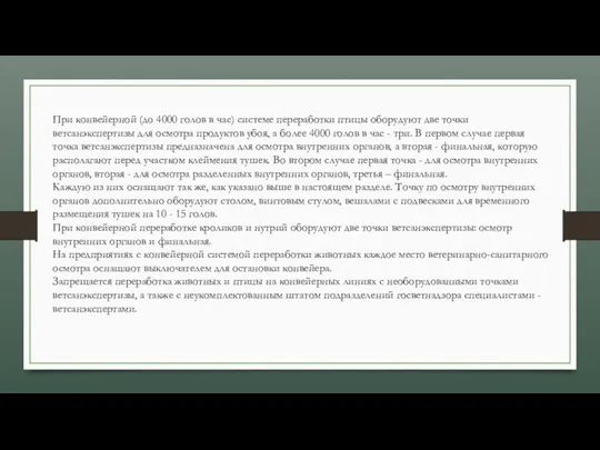 При конвейерной (до 4000 голов в час) системе переработки птицы