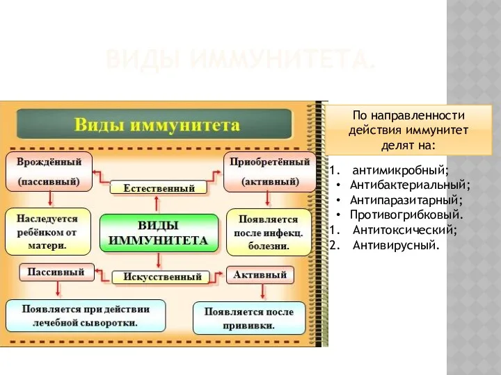 ВИДЫ ИММУНИТЕТА. антимикробный; Антибактериальный; Антипаразитарный; Противогрибковый. Антитоксический; Антивирусный.